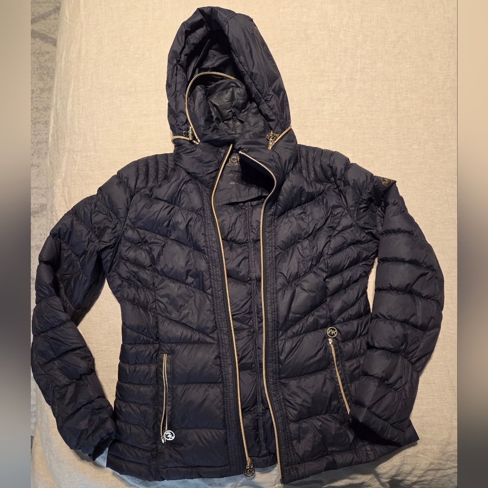 Michael Kors Navy Puffer Jacket with Gold Accents